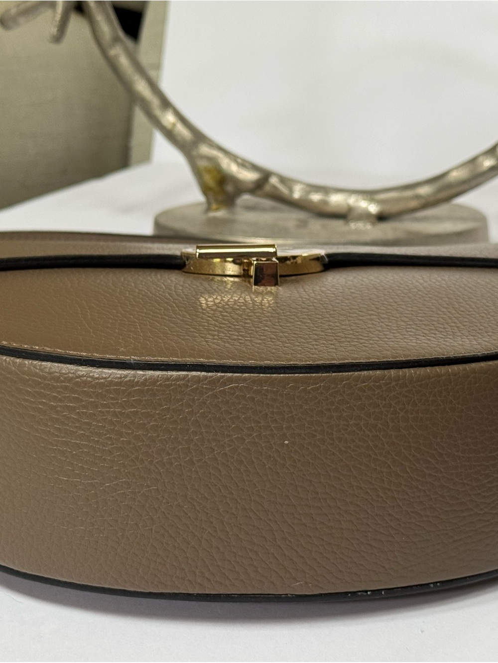 Taupe Leather Half-Moon Crossbody Bag with Gold Ring Accent - Picture 6 of 12